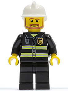 Minifig cty0022 - Fire - Reflective Stripes, Black Legs, White Fire Helmet, Brown Beard Angular - De BrickPlaats
