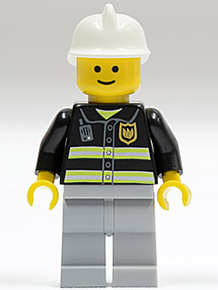 Minifig cty0035 - Fire - Reflective Stripes, Light Bluish Gray Legs, White Fire Helmet, Standard Grin - De BrickPlaats