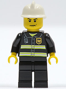 Minifig cty0044 - Fire - Reflective Stripes, Black Legs, White Fire Helmet, Angry Eyebrows - De BrickPlaats