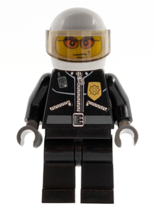 Minifig cty0102 - Police - City Leather Jacket with Gold Badge, White Helmet, Trans-Brown Visor, Orange Sunglasses - De BrickPlaats