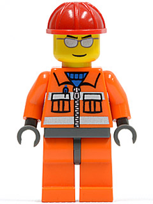 Minifig cty0125 - Construction Worker - Orange Zipper, Safety Stripes, Orange Arms, Orange Legs, Dark Bluish Gray Hips, Red Construction Helmet, Silver Sunglasses - De BrickPlaats