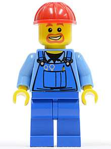 Minifig cty0159 - Overalls with Tools in Pocket Blue, Red Construction Helmet, Beard Around Mouth - De BrickPlaats