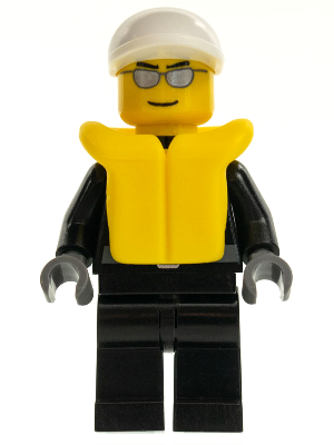 Minifig cty0197 - Police - City Leather Jacket with Gold Badge, White Short Bill Cap, Silver Sunglasses, Life Jacket - De BrickPlaats