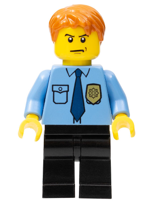 Minifig cty0212 - Police - City Shirt with Dark Blue Tie and Gold Badge, Black Legs, Dark Orange Short Tousled Hair - De BrickPlaats