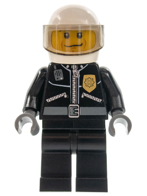 Minifig cty0242 - Police - City Leather Jacket with Gold Badge, White Helmet, Trans-Brown Visor, Black Eyebrows - De BrickPlaats