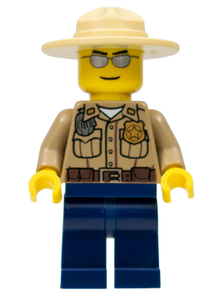 Minifig cty0260 - Forest Police - Dark Tan Shirt with Pockets, Radio and Gold Badge, Dark Blue Legs, Campaign Hat, Silver Sunglasses - De BrickPlaats