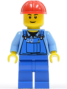 Minifig cty0291 - Overalls with Tools in Pocket Blue, Red Construction Helmet, Black Eyebrows, Thin Grin - De BrickPlaats