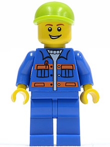 Minifig cty0295 - Blue Jacket with Pockets and Orange Stripes, Blue Legs, Lime Short Bill Cap, Open Grin - De BrickPlaats