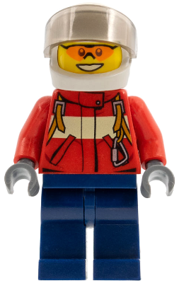 Minifig cty0323 - Fire - Pilot Male, Red Fire Suit with Carabiner, Dark Blue Legs, White Helmet, Trans-Brown Visor, Orange Safety Glasses - De BrickPlaats