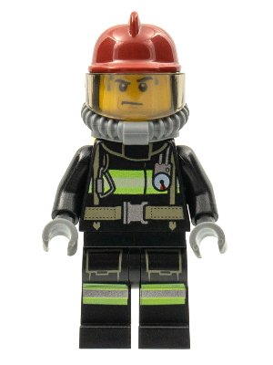 Minifig cty0348 - Fire - Reflective Stripes with Utility Belt, Dark Red Fire Helmet, Yellow Air Tanks, Sweat Drops - De BrickPlaats