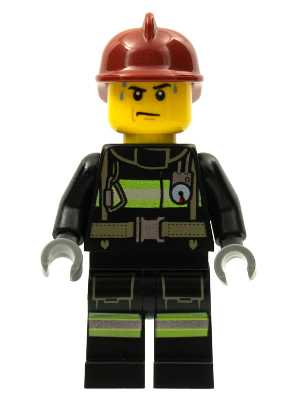 Minifig cty0351 - Fire - Reflective Stripes with Utility Belt, Dark Red Fire Helmet, Sweat Drops