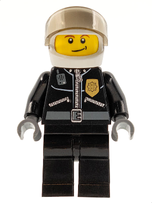 Minifig cty0393 - Police - City Leather Jacket with Gold Badge and 'POLICE' on Back, White Helmet, Trans-Brown Visor, Crooked Smile - De BrickPlaats