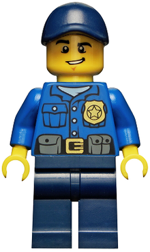 Minifig cty0454 - Police - City Officer, Gold Badge, Dark Blue Cap with Hole, Lopsided Grin