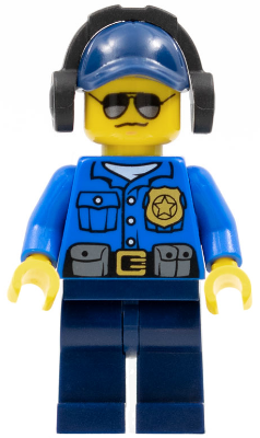 Minifig cty0455 - Police - City Officer, Gold Badge, Dark Blue Cap with Hole, Headphones, Sunglasses - De BrickPlaats