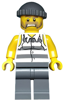 Minifig cty0481 - Police - Jail Prisoner Shirt with Prison Stripes and Torn out Sleeves, Dark Bluish Gray Legs, Dark Bluish Gray Knit Cap - De BrickPlaats