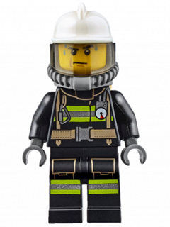 Minifig cty0637 - Fire - Reflective Stripes with Utility Belt, White Fire Helmet, Breathing Neck Gear with Air Tanks, Trans-Brown Visor, Sweat Drops - De BrickPlaats