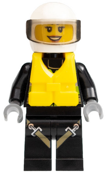 Minifig cty0640 - Fire - Reflective Stripes with Utility Belt and Flashlight, Life Jacket Center Buckle, White Helmet, Trans-Brown Visor, Peach Lips Open Mouth Smile - De BrickPlaats