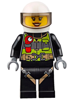 Minifig cty0651 - Fire - Reflective Stripes with Utility Belt and Flashlight, White Helmet, Trans-Brown Visor, Peach Lips Open Mouth Smile - De BrickPlaats