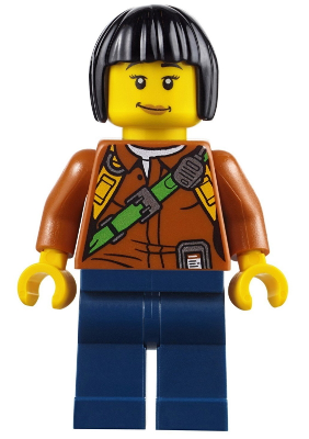 Minifig cty0806 - City Jungle Explorer Female - Dark Orange Shirt with Green Strap, Dark Blue Legs, Black Bob Cut Hair, Peach Lips Lopsided Smile - De BrickPlaats