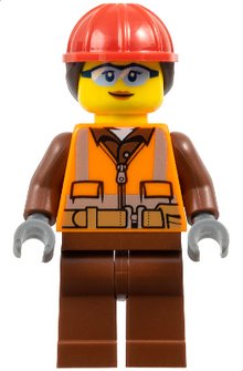 Minifig cty0934 - Construction Worker - Female, Orange Safety Vest, Reflective Stripes, Reddish Brown Shirt and Legs, Red Construction Helmet with Dark Brown Ponytail Hair, Safety Glasses - De BrickPlaats
