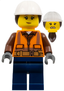 Minifig cty0969 - Construction Worker - Female, Orange Safety Vest, Reflective Stripes, Reddish Brown Shirt, Dark Blue Legs, White Construction Helmet with Dark Brown Ponytail Hair, Peach Lips - De BrickPlaats