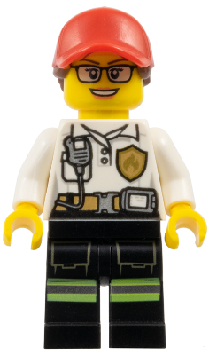 Minifig cty0970 - Fire - Female White Shirt with Fire Logo Badge and Belt, Reflective Stripes on Black Legs, Red Cap with Ponytail - De BrickPlaats