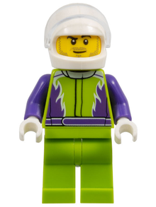 Minifig cty1107 - Monster Truck Driver, Lime Legs and Jacket with Purple Flames and Arms, White Helmet - De BrickPlaats