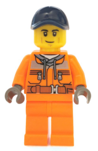 Minifig cty1140 - Street Sweeper Operator - Male, Orange Safety Jacket, Reflective Stripe, Sand Blue Hoodie, Orange Legs, Dark Blue Cap with Hole, Smirk - De BrickPlaats