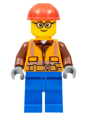 Minifig cty1162 - Construction Worker - Male, Orange Safety Vest, Reflective Stripes, Reddish Brown Shirt, Blue Legs, Red Construction Helmet, Glasses - De BrickPlaats