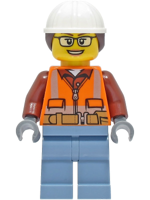 Minifig cty1405 - Construction Worker - Female, Orange Safety Vest, Reflective Stripes, Reddish Brown Shirt, Sand Blue Legs, White Construction Helmet with Dark Brown Ponytail Hair, Glasses - De BrickPlaats