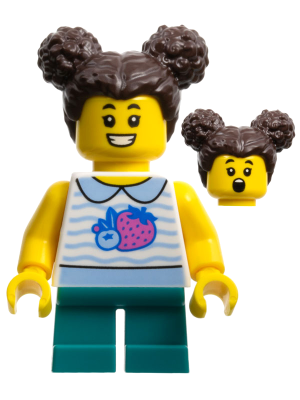 Minifig cty1520 - Child - Girl, White Collared Shirt with Fruit, Dark Turquoise Short Legs, Dark Brown Hair with Buns - De BrickPlaats