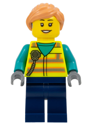 Minifig cty1677 - Airport Worker - Female, Neon Yellow Safety Vest with Radio, Dark Blue Legs, Nougat Ponytail Hair, Hearing Aid - De BrickPlaats