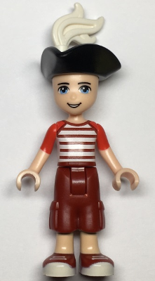 Minifig frnd0336 - Friends Zack - Dark Red Cropped Trousers Large Pockets, Red and White Striped Shirt, Pirate Tricorne Hat, White Plume - De BrickPlaats
