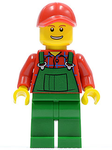 Minifig hol028 - Overalls Farmer Green, Red Cap with Hole, Open Grin - De BrickPlaats