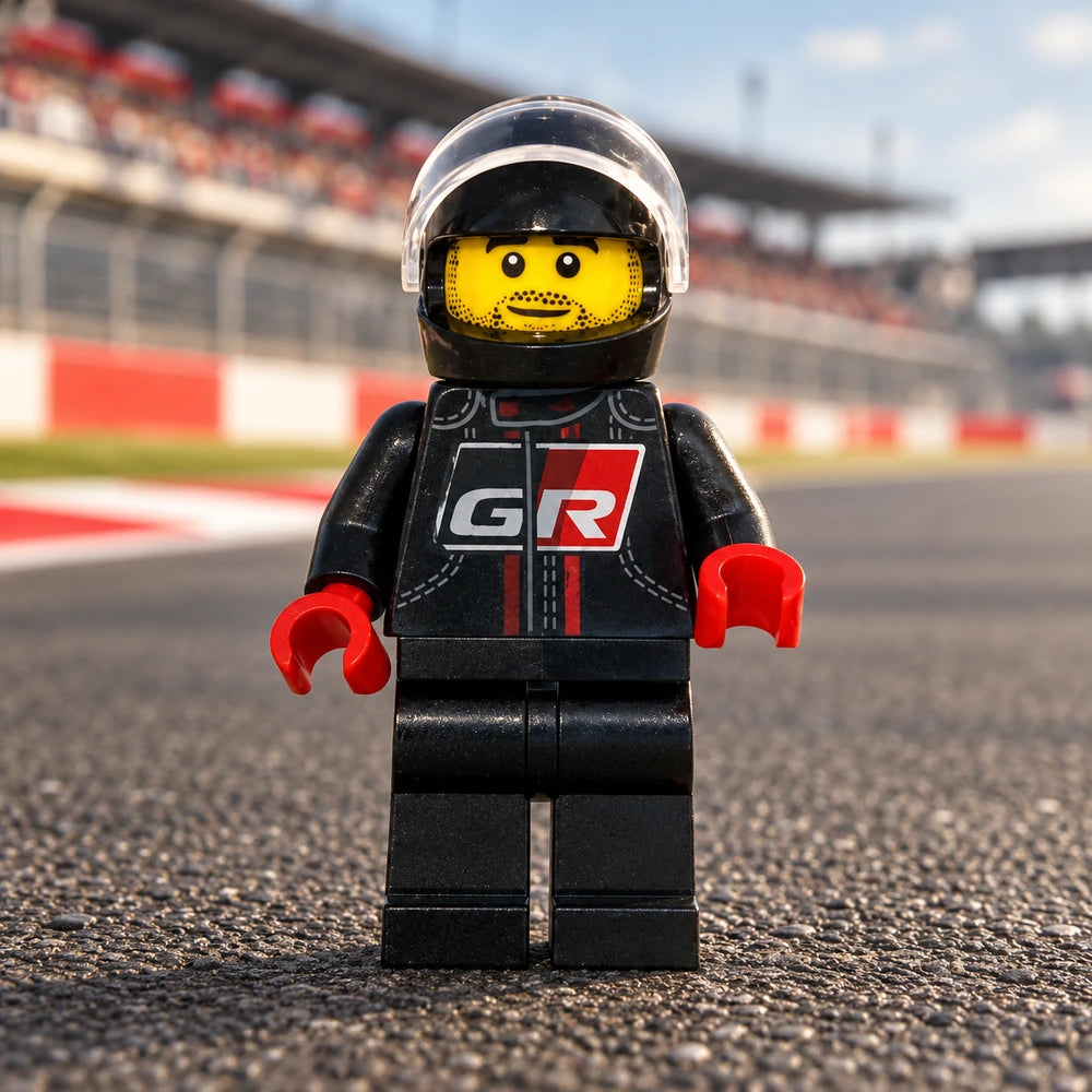 LEGO® Speed Champions-coureur sc087 in zwart racepak met helm op een racecircuit