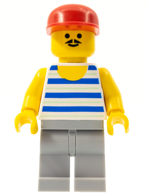 Minifig par056 - Horizontal Blue and Light Green Stripes, Light Bluish Gray Legs, Red Cap - De BrickPlaats