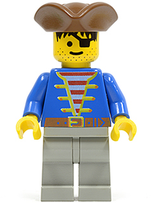 Minifig pi008 - Pirate Blue Jacket, Light Gray Legs, Brown Pirate Triangle Hat - De BrickPlaats