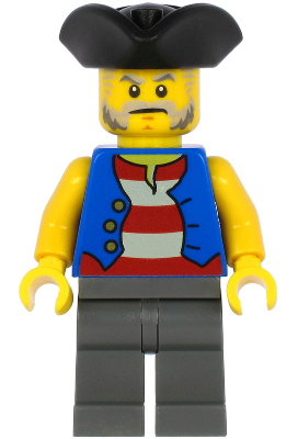 Minifig pi186 - Pirate - Black Pirate Triangle Hat, Blue Vest, Dark Bluish Gray Legs - De BrickPlaats
