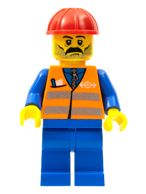 Minifig trn001 - Orange Vest with Safety Stripes - Blue Legs, Moustache, Red Construction Helmet - De BrickPlaats