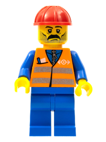 Minifig trn001 - Orange Vest with Safety Stripes - Blue Legs, Moustache, Red Construction Helmet - De BrickPlaats