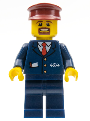 Minifig trn237 - Dark Blue Suit with Train Logo, Dark Blue Legs, Dark Red Hat, Brown Moustache and Goatee - De BrickPlaats