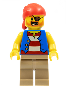Minifig twn332 - Pirate Man, Striped Red and White Shirt Under Blue Vest, Red Bandana, Left Eye Patch and 3 Gold Teeth, Dark Tan Legs - De BrickPlaats