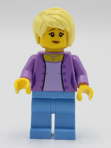 Minifig twn394 - Female with Medium Lavender Jacket, Medium Blue Legs, Bright Light Yellow Hair - De BrickPlaats